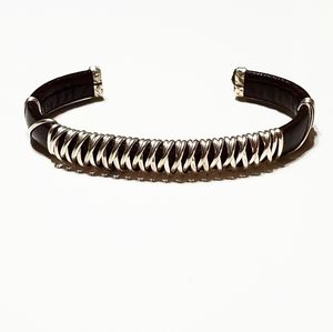 Silver Brown or Silver Black Leather Cuff Bracelet
